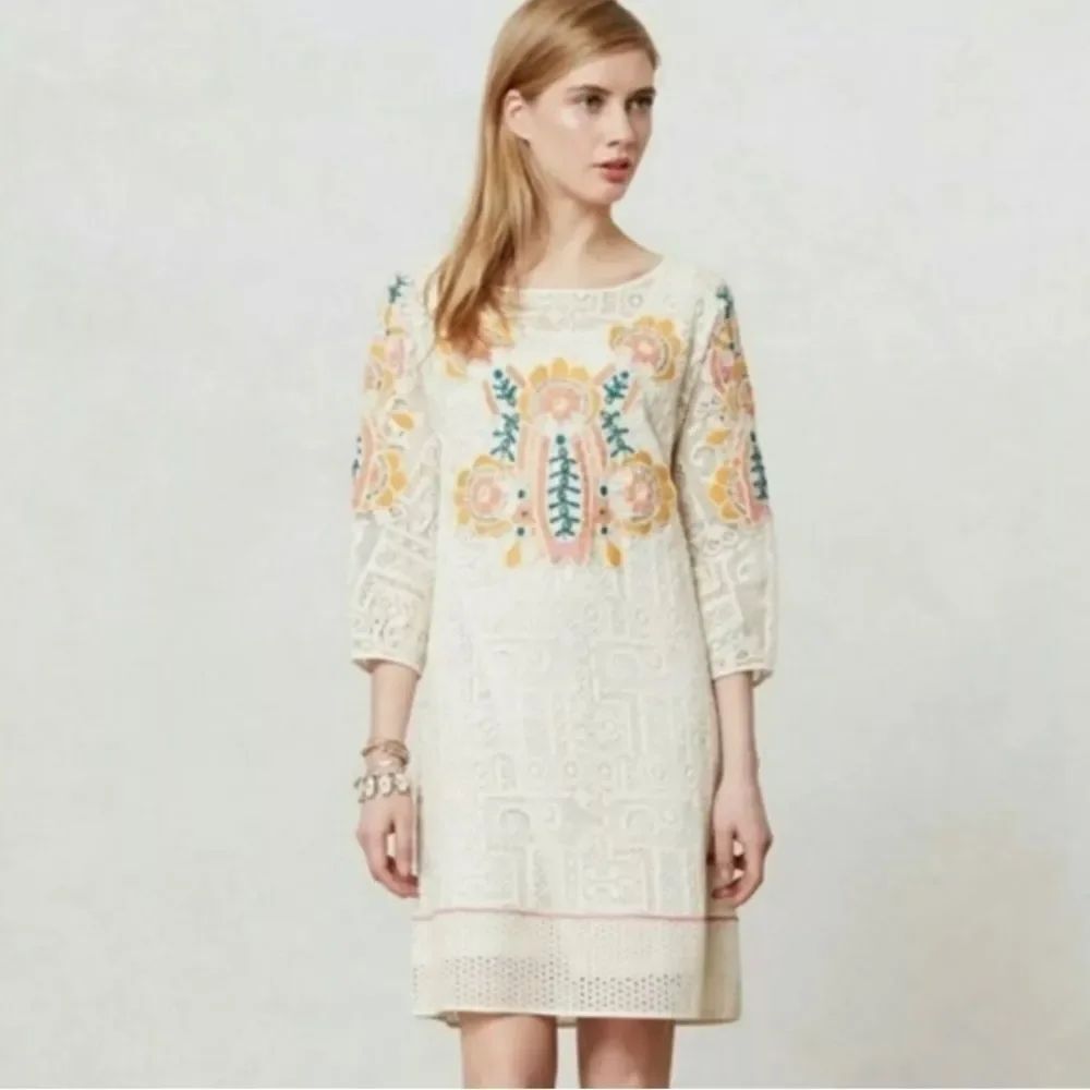 Anthropologie Vineet BahlâCream Embroidered Lace 3/4 Sleeves Mini Boho Dress M